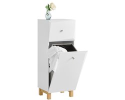 SoBuy Smal Badkamerkast, Badkamermeubel met 1 Lade en 1 Kantelbare Wasmand, Wit, 34x30x90cm, BZR93-W