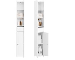 SoBuy Smalle Badkamerkast, Hoge Opbergkast met Deur en Lade, Badkamerrek voor Kleine Ruimtes, Wit, 20x20x145 cm - BZR34-K-W