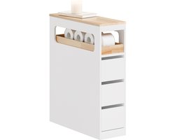 SoBuy Smalle Badkamerkast op Wieltjes, Toiletrolhouder, Toiletkast met 3 Lades, Wit 65x23x82cm, BZR54-II-W, Badkamermeubel, Opbergkast voor Keuken, Woonkamer