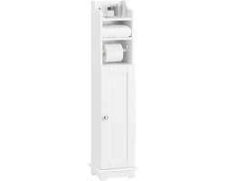 SoBuy Toiletkast FRG177-W – Toiletrolhouder met Kast – Smalle Badkamerkast met Deur en Verstelbare Planken – Wit, MDF, 20x23x100cm