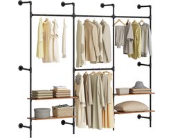 SoBuy wandgemonteerde kledingstang met 4 hangstangen en 4 MDF-planken, open kledingkast, draagvermogen 120 kg voor slaapkamer, 265x48x220 cm, industrieel zwart KLS19-SCH