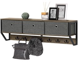 SoBuy Wandkapstok - Hangende Muurkapstok - halmeubel - Hangplank met 3 manden en 7 haken - Metaal en Hout - 100x20x30cm, FHK26-N