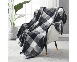 SOCHOW Flanellen Fleece Deken 150 × 200 cm, Het Hele Jaar Door Zwart/Wit Geblokte Deken voor Bed, Bank, Auto