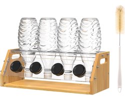 Sodastream Flessenhouder van bamboe, 4-delig afdruiprek, flessen afdruiprek met afdruipbak en flessenborstel, flessenstandaard voor SodaStream Crystal en Emil flessen