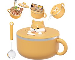 Soep- en noedelkom 1200 ml met deksel en lepel – roestvrijstalen ramen kom met handvat en siliconen afdichtring – geel cartoon hond design