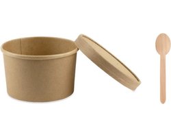 Soepbeker met deksel + Houten Lepels 100 stuks - Lepel - Soepbekers van Kraftpapier - 100% composteerbaar - Eco Friendly Paper - BIO - Restaurant - Take-Outs - take away - Disposable - Soup Bowls - To Go - Lunch - Picknick - Diner 500 ml - 100 stuks