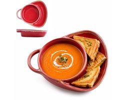 Soepkom met broodbord - Soep en Sandwich Bord Pakket - Verdeeld keramieken dinerbord -Serviesgoed - Dinerborden - voor Soep en Sandwich, Snackschaal - rood