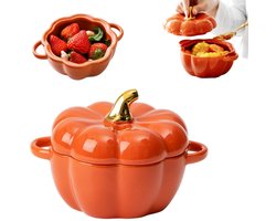 Soepkom – Noedelkom – Ovenschaal – Pompoenvormig servies – Keramische kom – Kookpot – Mini stoofpotje – Met handgrepen – Magnetronbestendig – Voor bakken, het maken van sauzen, alledaags stoven, serveren van gerechten (450 ml – Oranje)