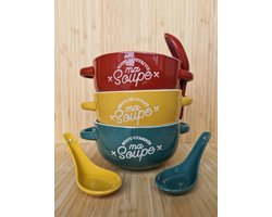 Soepkommen met oor – Set van 3 – 45cl – Keramiek & Steengoed – Kleurrijke Soepkommen – Magnetron & Vaatwasserbestendig