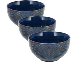 Soepkommen Ø14 cm - Set van 3 Aardewerk Kommen - Serveerkommen Zonder Oor – Gebruikt als Schalen en Fruitschaal – Blauwe Ramen Kom Set
