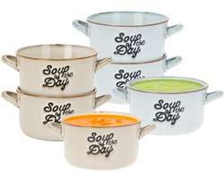 Soepkommen set - 6x - beige/lichtblauw - 500ml - porselein - met oren