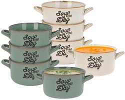 Soepkommen set - 8x - beige/groen - 500ml - porselein - met oren