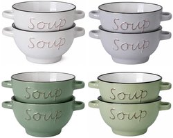 Soepkommen set gres - 8x - verschillende kleuren - porselein - 500ml - met oren
