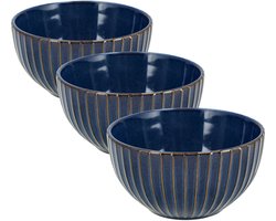 Soepkommen Set van 3 – Ramen Kom Ø14 cm – Serveerkommen van Aardewerk Zonder Oor – Schalen & Fruitschaal – Blauw