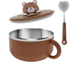 Soepkommen - Soeppan - Soep- en noedelkom 1200 ml met deksel en lepel – roestvrijstalen ramen kom met handvat en siliconen afdichtring – Chocoladekleurige beer