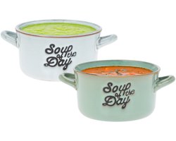 Soepkommen/serveer schaaltjes - 2x - met oor - lichtblauw/lichtgroen - porselein - 500ml