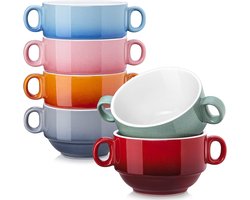 Soepkopjes met handvat, 6-delige soepkommen van aardewerk, soepkommen, bouillonkopjes, mueslikommen, inhoud 420 ml, kleurrijk