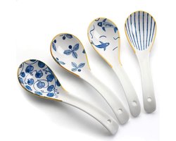 Soeplepels, 6,3 inch keramische Chinese soeplepels, Ramen-lepels met retro patroon voor soepknoedels, verpakking van 4 (geel)