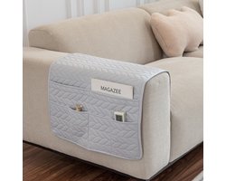 Sofa Armleuninghoes - 1-delige set - Verwijderbare meubelarmleuningbeschermer - Opbergdoos voor afstandsbediening van de bank - Met 6 opbergvakken - Spatwaterafstotend - Voor decoratie en organisatie van meubels - 90x50cm - Korenaar-lichtgrijs