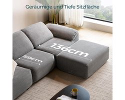 Sofa Bed 290x96x74 cm – Grey L-Shape Modular Corner Sofa with Sleep Function, Deep Seat, Corduroy Velvet Upholstery, Including Ottoman – Comfortable Lounge Couch for Living Room, Bedroom, Student Apartment – Abkantoor
