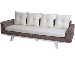 Sofa MCW-M32, 4-zits bank rotan loungebank met kussens, 209cm Kubu rotan natuurlijke stof/textiel bekleding crème