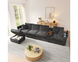 Sofa - Modulair L-vormig 5-zits met ottoman, opbergruimte, USB/Type-C, drinkhouders & 360° draaibare bijzettafel - 313x147x82 cm - Grijs