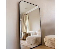 Sofia Staande Spiegel - Boogspiegel met Afgeronde Hoeken - Grote Staande Spiegel met Stalen Rand - 100x190 cm - Zwarte Passpiegel