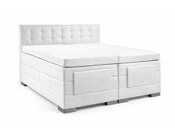 Soft bedden Elektrische Boxspring - 70x190 - Incl. Geknoopt hoofdbord - Wit lederlook met plint