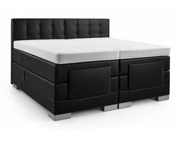 Soft bedden Elektrische Boxspring - 80x190 - Incl. Geknoopt hoofdbord - Gitzwart lederlook met plint