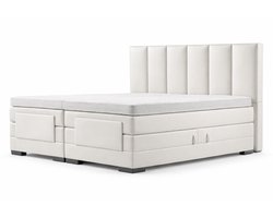 Soft bedden Elektrische Boxspring - 90x200 - Incl. verticaal hoofdbord - Wit lederlook met plint