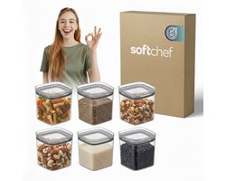Soft Chef 1000 ml Vierkante Voorraadpotten – 6-delige Set (Elk 1 L) – Transparant (Glaslook) – Siliconen Afsluiting – BPA-vrij – Voor Voedsel Bewaren