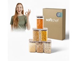 Soft Chef 1400 ml Vierkante Voorraadpotten – 6-delige Set (Elk 1,4 L) – Transparant (Glaslook) – Siliconen Afsluiting – BPA-vrij – Voor Voedsel Bewaren