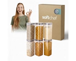 Soft Chef 2100 ml Vierkante Voorraadpotten – 6-delige Set (Elk 2,1 L) – Transparant (Glaslook) – Siliconen Afsluiting – BPA-vrij – Voor Voedsel Bewaren