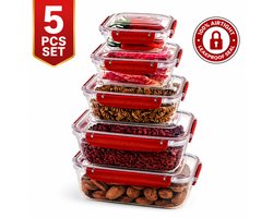 Soft Chef Lock & Fresh Vershoudbakjes Set – 5-delig – Rechthoekige Bewaardozen met Siliconen Seal – Luchtdicht & Lekvrij – BPA-vrij – Rood