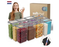 Soft Chef Slim Soft Box 12-delige Rechthoekige Voedselbewaarset (12×1580 ml) – Halftransparant grijs met grijze deksels – BPA-vrij – Luchtdicht & Stapelbaar – Inclusief Labels & Marker