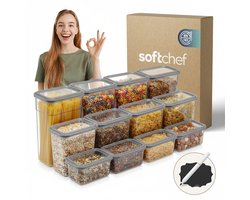 Soft Chef Soft Box 12 delige rechthoekige voedselbewaarset (4 x 1100 ml 4 x 2200 ml 4 x 3400 ml) BPA vrij luchtdicht stapelbaar met marker en labels