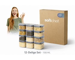 Soft Chef – Vierkante Voorraadpotten 700 ml – 12-delig – BPA-vrij – Transparant (Glaslook)– Met siliconen afdichting