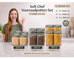Soft Chef Voorraadpotten Set – 12-delig – 1000 / 1400 / 2100 ml – Luchtdicht – Stapelbaar – BPA Vrij
