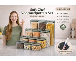 Soft Chef Voorraadpotten Set – 12-delig – 700 / 1000 / 1400 / 2100 ml – Luchtdicht – Stapelbaar – BPA Vrij – Incl. labels & marker