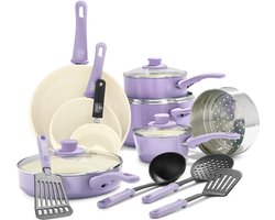 Soft Grip Gezonde Keramische Antiaanbaklaag 16-delige Pannenset met Braadpan, Steelpan en Kookpan, PFAS-vrij, Vaatwasmachinebestendig, Ovenbestendig, Lavendel