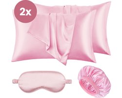 Soft & Silky Satijnen Kussensloop set van 2 - Incl. bonnet en slaapmasker - 60x70 cm - Slaapmuts - Krullen - Satijn - Moerbij - Zijden - Beauty - Zachte - Satin - Roze