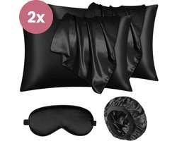Soft & Silky Satijnen Kussensloop set van 2 - Incl. bonnet en slaapmasker - 60x70 cm - Slaapmuts - Krullen - Satijn - Moerbij - Zijden - Beauty - Zachte - Satin - Kussenslopen - Zwart