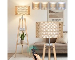 Softlite - Boho Rotan Vloerlamp - Staande Lamp met houten driepoot en plank - Naturel Frame 168 cm - 1 x E27 Fitting - Dimbaar met afstandbediening en 2 lampenkappen - Voor Woonkamer, Slaapkamer & Kantoor