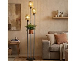 Softlite - Boho Rotan Vloerlamp - Staande Lamp met Plank - Zwart Frame 168 cm - 3x E27 Fitting - Zonder Lichtbron - Voor Woonkamer, Slaapkamer & Kantoor