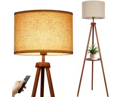 Softlite Moderne Vloerlamp - Staande Lamp met Linnen Lampenkap en Plank - Naturel Frame 168 cm - 1 x E27 fitting met afstandbediening - Voor Woonkamer, Slaapkamer & Kantoor