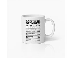 Software Designer Mok – Grappige Nutritional Facts Koffiebeker – Perfect Cadeau voor Programmeurs & Ontwikkelaars