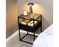 Sohome Nachtkastje Demitris zwart metaal met glazen blad en lade