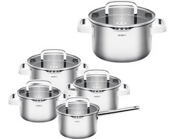 Sola Juvia Pannenset Inductie - 5 Delig - Ø 16,16,18,20,24 cm - Kookpannen Set met Steelpan - Premium RVS Pannen - Sandwichbodem Geschikt voor Elke Warmtebron - PFAS-Vrij - Zilver