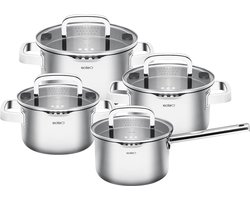 Sola Juvia Premium pannensets - 4-delig - Premium RVS Pannen - Kookpannen met Steelpan - Geschikt voor Elke Warmtebron - PFAS Vrij - Zilver - Incl Vergiet - Afgiet Pads