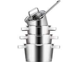 Sola pannenset Diamond - 4-delig - Ø 16 cm - Premium RVS Pannen - Kookpannen met Steelpan - Geschikt voor Elke Warmtebron - PFAS Vrij - Zilver